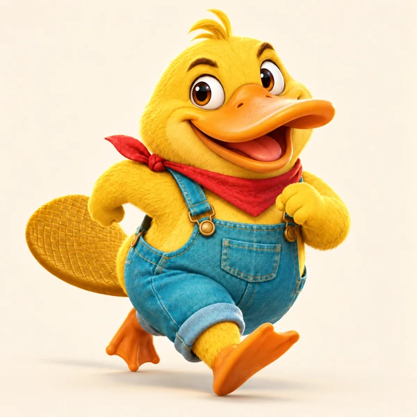 Platy, a goofy yellow platypus in blue overalls with a red bandana